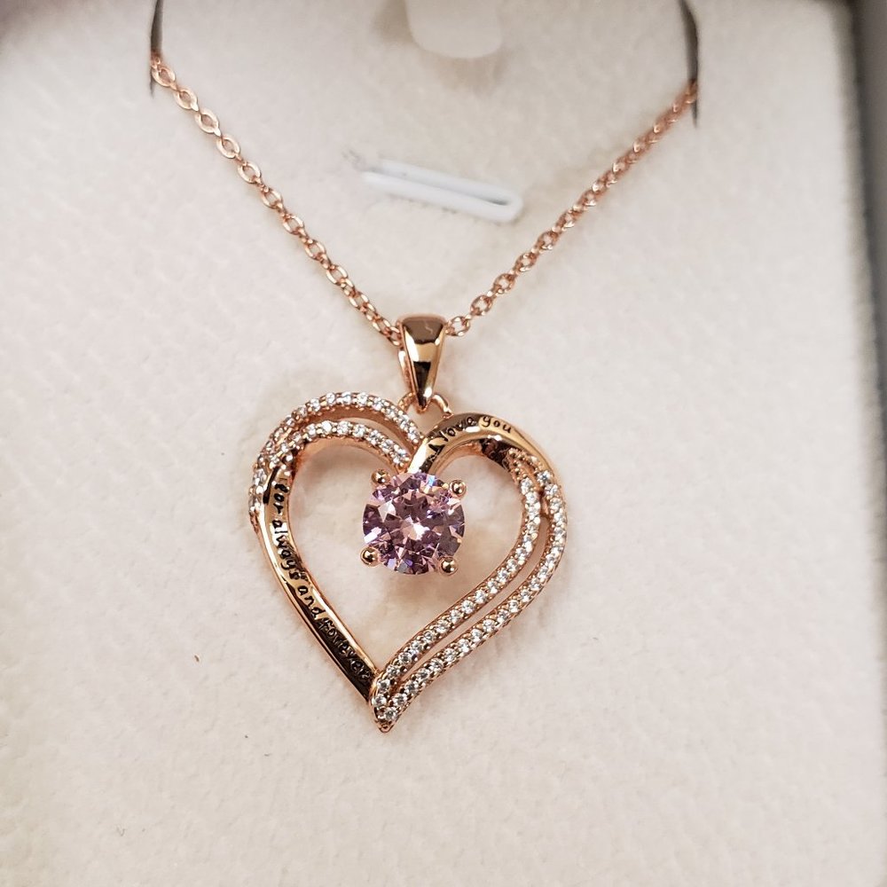 Pink tourmaline heart pendant engraved necklace, For Always and Forever, NWOT